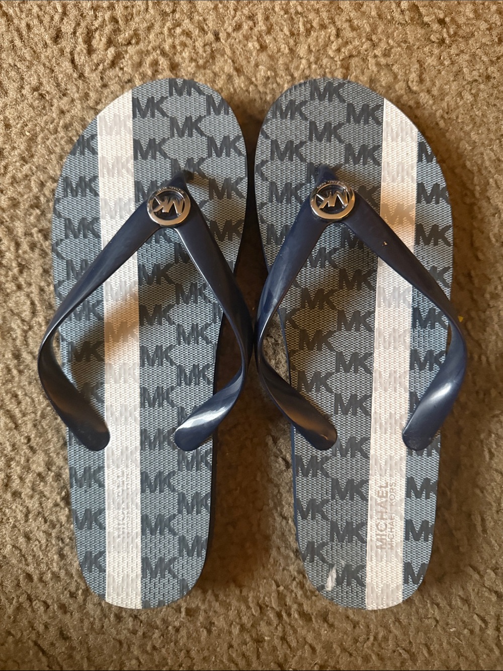 Michael Kors Navy and Gray MK Logo Flip-Flop Sandals